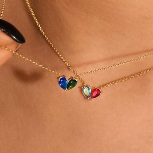 Lovers Birthstone Matching Heart Necklace, Two Birthstone Necklace, Birthday Gift for Her, Anniversary Gift, Christmas Gift, Family Gift