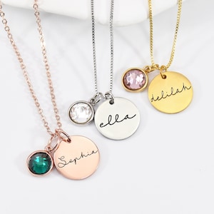 Collar de piedra de nacimiento inicial personalizado, collar de monograma, joyería de piedra de nacimiento, collar de nombre con disco, carta de piedra de nacimiento, regalo para ella