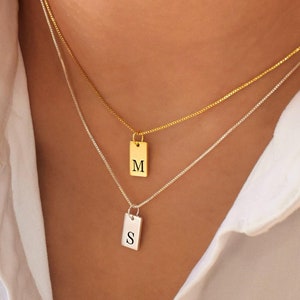 Custom Initial Necklace, 14k Gold Tiny Initial Tag Necklace, Gold Bar Tag Necklace, Engraved Letter Pendant, Gift For Her, Christmas Gift