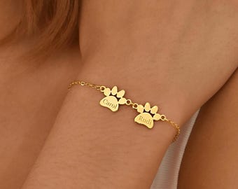 Pulsera con nombre de mascota en oro de 14 quilates, pulsera con huella de pata, regalo para amantes de las mascotas, pulsera con huella de pata, regalo conmemorativo para mascotas, joyas de recuerdo para mascotas, regalo para perros o gatos
