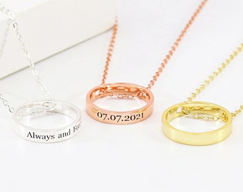 Classic Circle Necklace, Ring Necklace, Dainty Chain with Engraved Ring, Women's Mens Jewellery, Gift for Her, Engraved Necklace for Mother