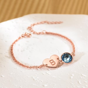 Pulsera con inicial de piedra de nacimiento personalizada, pulsera con inicial de oro de 14 k, pulsera con letras, joyería con piedra de nacimiento, pulsera con corazón, regalo para ella/mamá