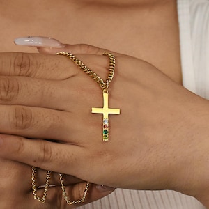 Birthstone Cross Necklace, Birthstone Necklace, Baptism Cross Pendant, Family Cross Necklace, Confirmation Gift, Baptism Gift,Christmas Gift