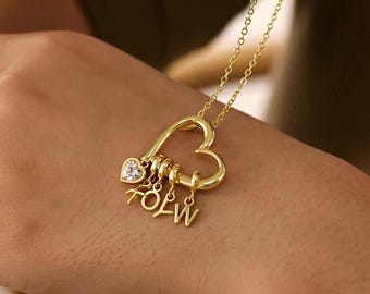Personalized Initial Necklace with Heart Birthstone, Gold Custom Letters Necklace, Dainty Birthstone Necklace, Birthday Gift for Mom Her