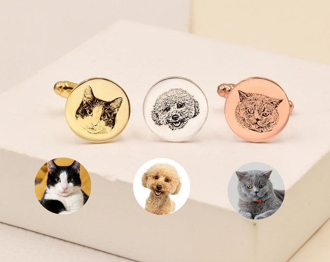 Personalized Pet Portrait Cufflinks,Custom Cuff Links,Pet Memorial Cufflinks,Engraved Pet Cufflinks,Father's Day Gift,Wedding Gift For Him