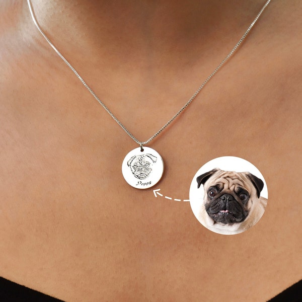 Collier prénom personnalisé pour portrait d'animal de compagnie, collier portrait de chien personnalisé, portrait gravé à partir d'une photo, bijoux commémoratifs pour animal de compagnie, cadeau commémoratif pour elle
