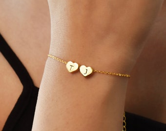 Custom Gold Heart Charms Bracelet, Name Bracelet, Letters Bracelet, 14k Gold Heart Initial Bracelet, Bracelet For Mom, Gifts for Her