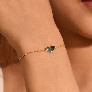 2 Birthstone Bracelet, Custom Heart Birthstone Bracelet, Minimalist Birthstone Bracelet, Bridesmaid Gift, Mothers Gift,Birthday Gift for Her