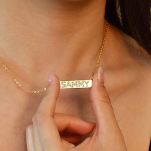 14K Gold Personalized Bar Name Necklace, Crystal Name Necklace, Dainty Pave Name Necklace, Zirconia name, Bridesmaid Gift, Gift for Her/ Mom