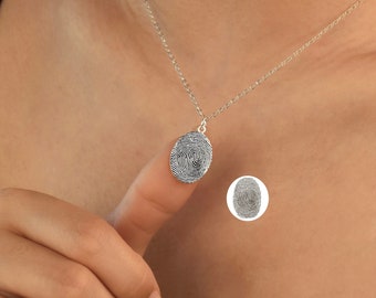 Oval Custom Fingerprint Necklace, Personalized Fingerprint Pendant, Thumbprint Necklace, Sterling Silver Necklace,Gift For Her,Sympathy Gift