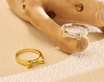 Personalized Dog Memorial Ring, Dog Bone Ring, Engraved Pet Name Ring, Dog Shaped Bone Ring, Dog Lover Jewelry, Pet Loss Gifts, Dog Mom Ring