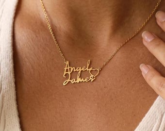 Personalized Double Names Necklace with Heart, Children Names Necklace, Name Necklace, Mom Necklace, Anniversary Gift for Wife,Birthday Gift