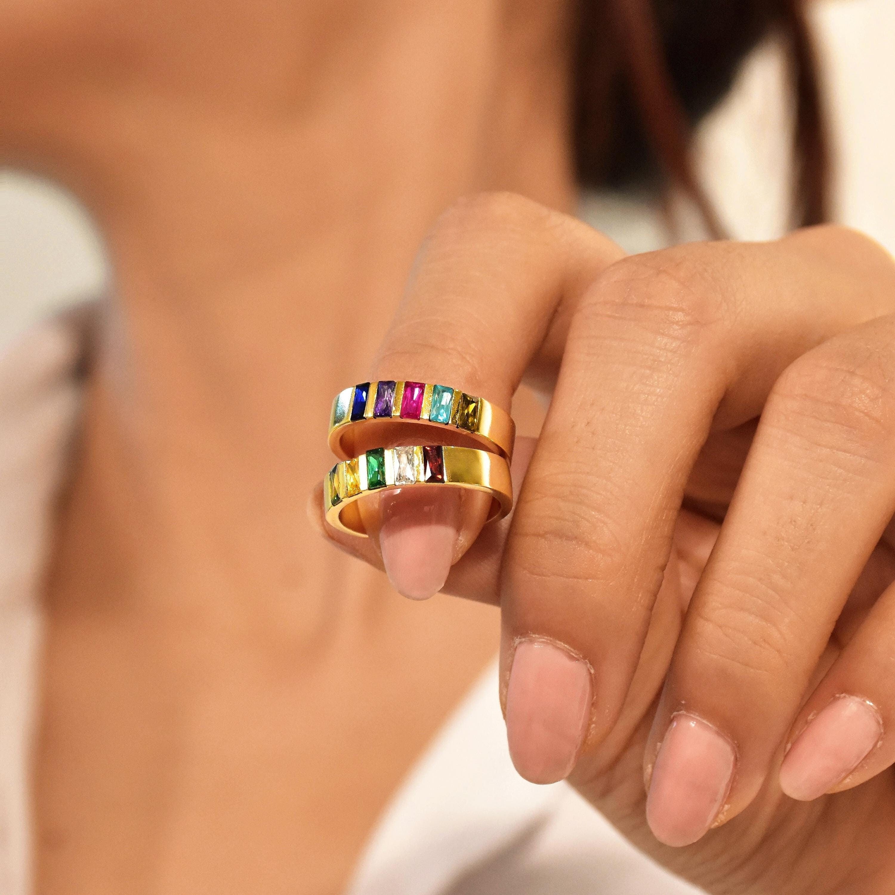 Wide Band Baguette Birthstone Ring, Baguette Birthstone Ring, Mother Grandma Family Ring, Birthstone Bands, Gift for Her, Christmas Gift