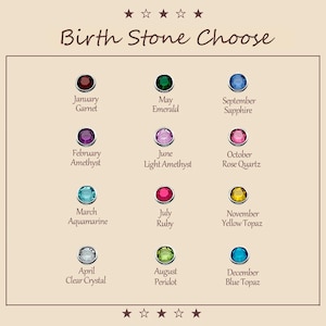 May include: A guide to birthstones, with the title "Birth Stone Choose". Each month has a different gemstone, including garnet, emerald, sapphire, amethyst, rose quartz, aquamarine, ruby, yellow topaz, clear crystal, peridot, and blue topaz, each with its name.
