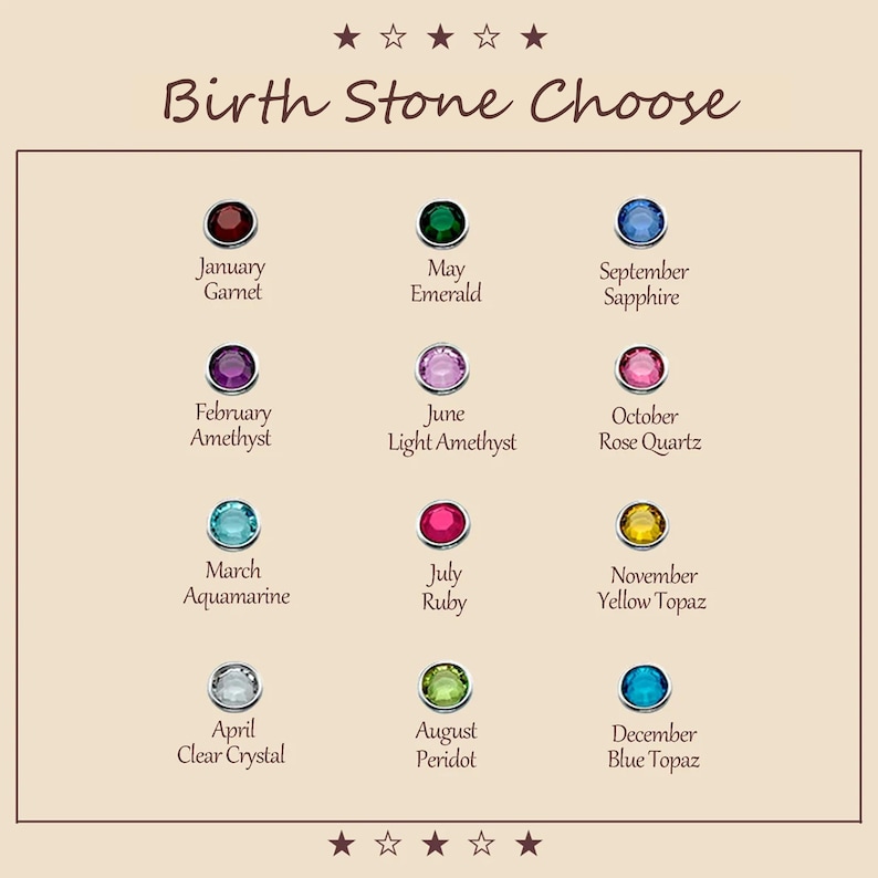 May include: A guide to birthstones, with the title "Birth Stone Choose". Each month has a different gemstone, including garnet, emerald, sapphire, amethyst, rose quartz, aquamarine, ruby, yellow topaz, clear crystal, peridot, and blue topaz, each with its name.