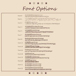 May include: A beige graphic showing "Font Options" with different font styles. Each font is displayed with lowercase and uppercase alphabets. The fonts vary from simple to decorative, with a star design at the top and bottom.