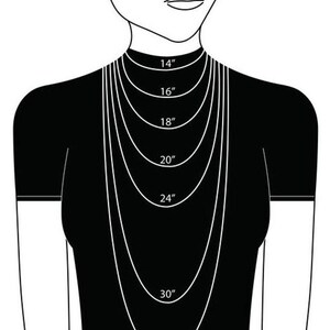 May include: A black and white illustration of a person wearing a black top, with several white necklaces of varying lengths. The necklaces are labeled with their lengths in inches: 14", 16", 18", 20", 24", 30", and 34".