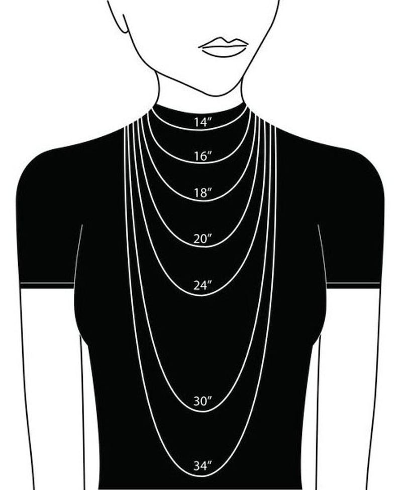 May include: A black and white illustration of a person wearing a black top, with several white necklaces of varying lengths. The necklaces are labeled with their lengths in inches: 14", 16", 18", 20", 24", 30", and 34".