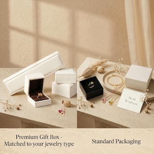 May include: An assortment of jewelry gift boxes in various sizes and shapes. The boxes are white, with a black box containing a ring. A gold bracelet and necklaces are displayed on a tray. A card reads "Best Wishes".