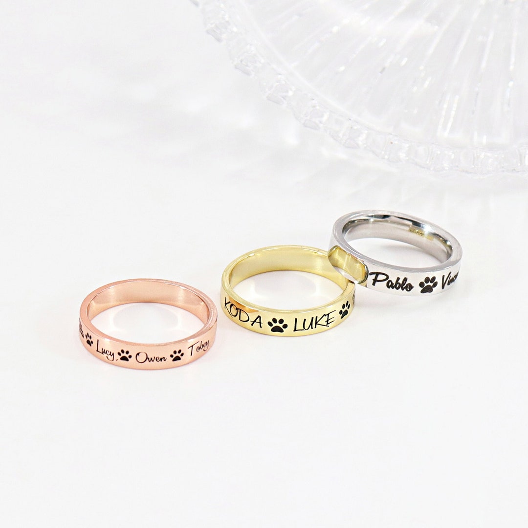 Paw Print Ring Pet Name Ring Custom Delicate Stacking Ring Etsy