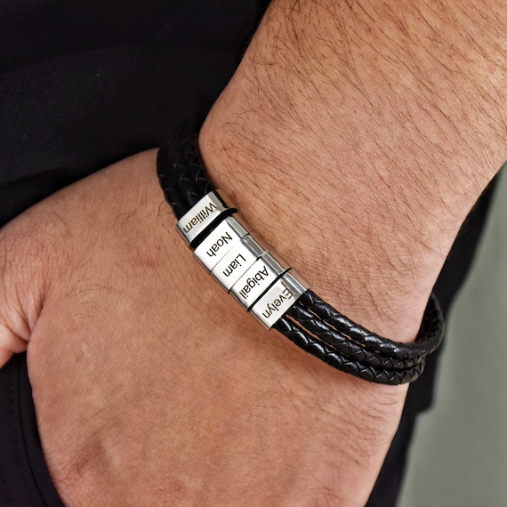 Personalized Leather Beaded Bracelet, Mens Name Bracelet,Personalized Mens  Bracelet,Dad Bracelet, Father's Day Gift,Gift for Him Dad Husband