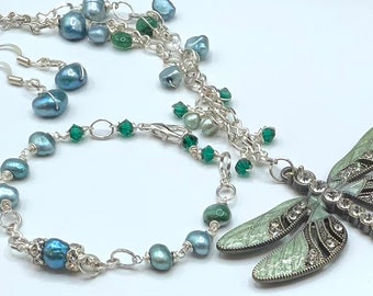 Pearls, Crystals and Dragonfly Pendent