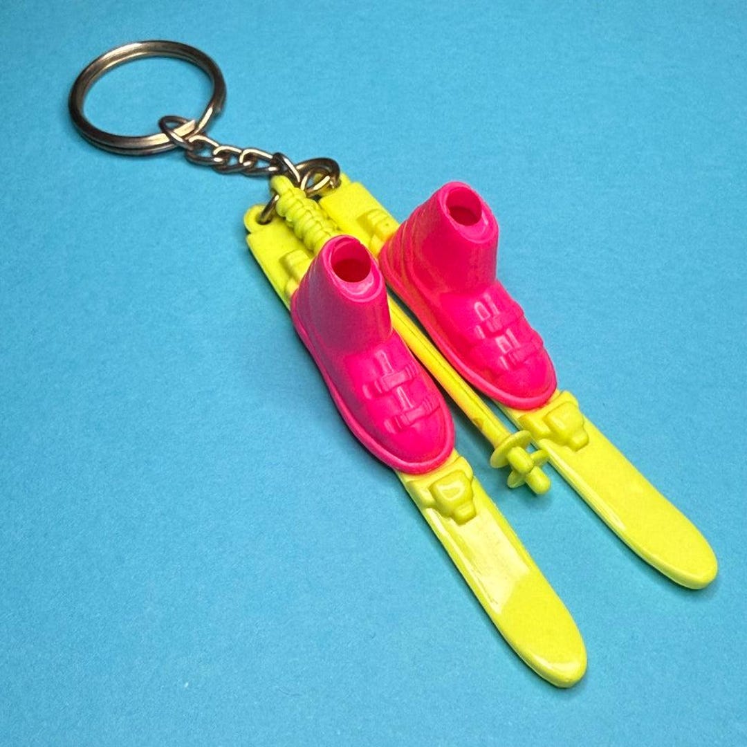 Vintage Keychain Neon 1980s Mini Ski and Poles Charm Keyring