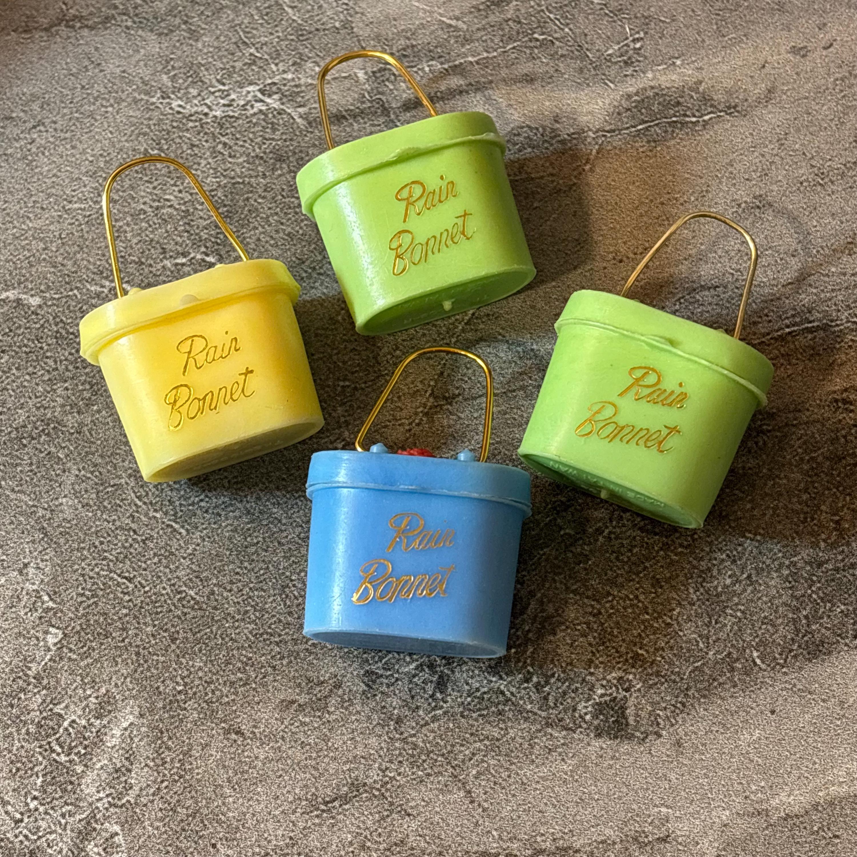 4 Vintage Rain Bonnet in Mini Case Lot - Miniature Plastic Handbag Rain Hats