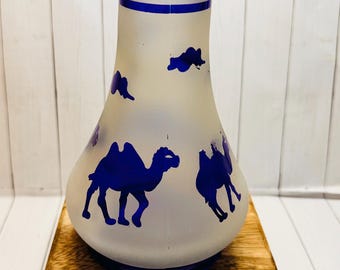 VINTAGE  Cobalt Blue Shisha Hookah Glass Vase Bottle  with Camels