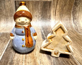 Vintage Ceramic Snowman With Hat And Scarf , tree