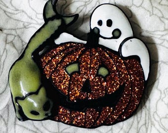 Vintage Halloween brooch, ghost pumpkin cat, metal