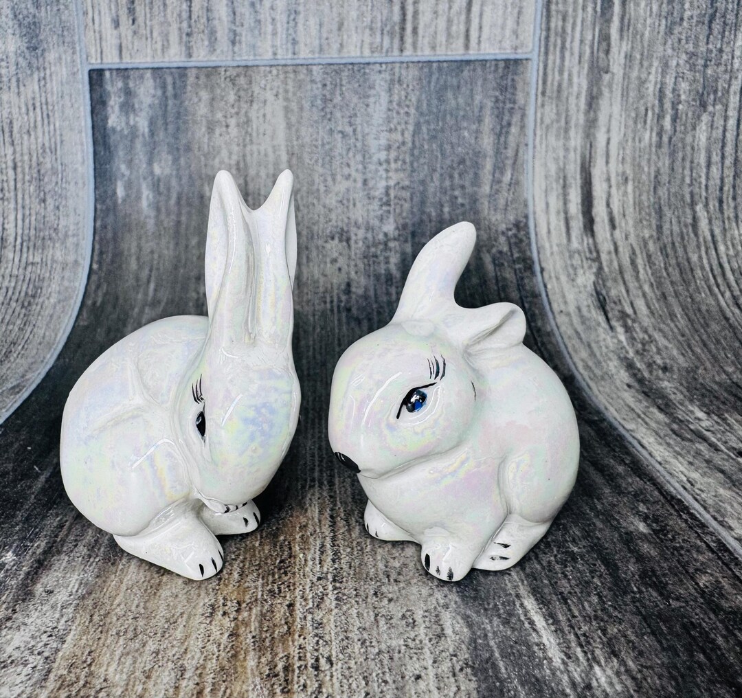 Vintage Ceramic Cute Bunnies Rabbits Figurines Pair Opalescent - Etsy