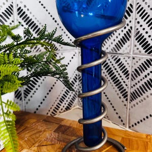 Vintage Cobalt Blue Glass  Bud Vase Glass in Metal Stand