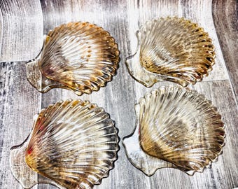 Vintage Iridescent Carnival Glass Clam Shell Scallop Appetizer Dish Plate set 4