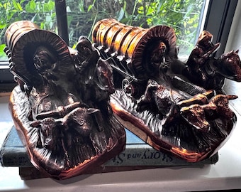 CAST COVERED WAGON set of 2 Prairie Schooner Oxen Horse Cowboy Metal Bronze Finish Dodge Pioneer Life Bookends/Doorstops Vintage Heavyweight