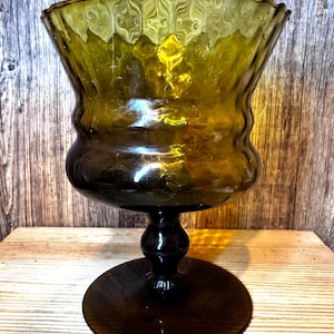 Vintage  MID CENTURY AMBER hand blown art glass honey comb pedestal / vase