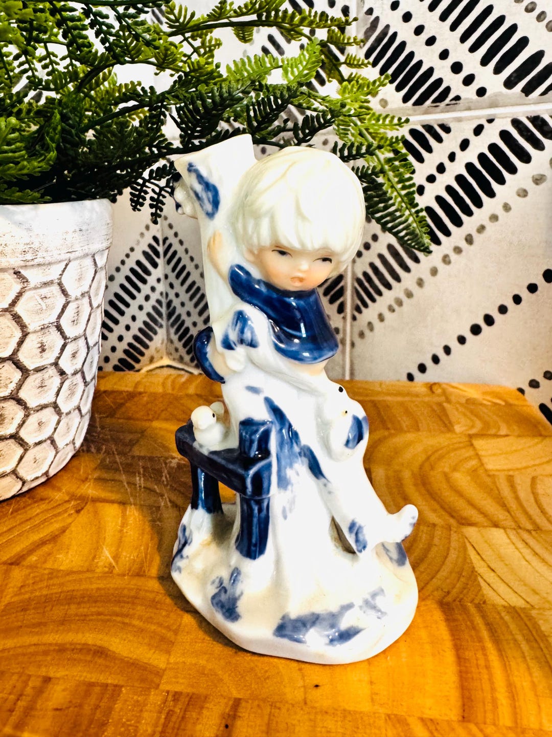 Vintage Blue and White Porcelain Figurine/vase of Little Boy and Puppy ...