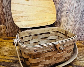 Vintage Longaberger Small Basket Purse Box Wood Lid Leather Hinge
