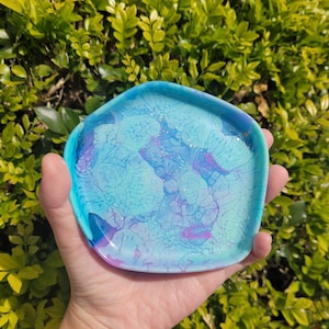 Handmade Aqua Blue Purple Swirl Glitter Asymmetric Hexagon Resin Trinket Dish Tray, Gift for Her Him Them