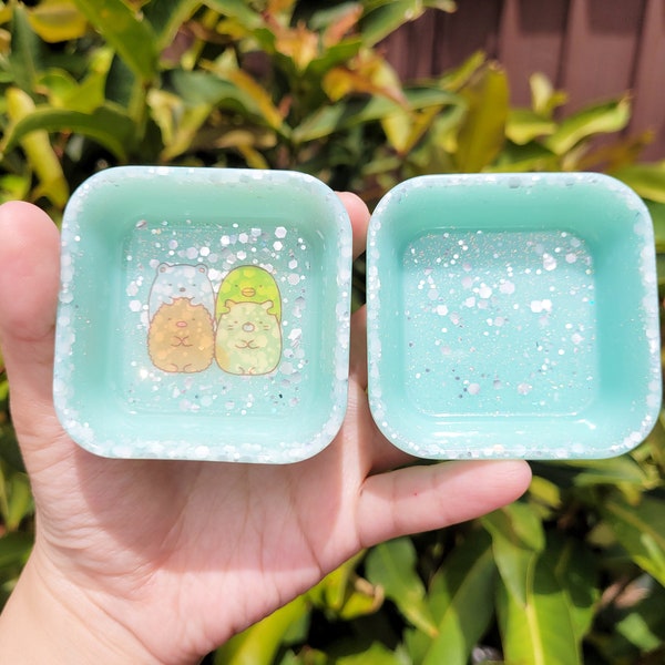 Cute Kawaii Aqua Light Blue Glitter SMG Shy friends Small Resin Square Trinket Dish Tray, Handmade Gift Home Decor