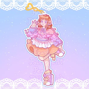 May include: A vibrant illustration of a character in a pink and peach dress, waving. The character has orange hair and holds a small gift. The background is a blue and purple gradient with a lace border.