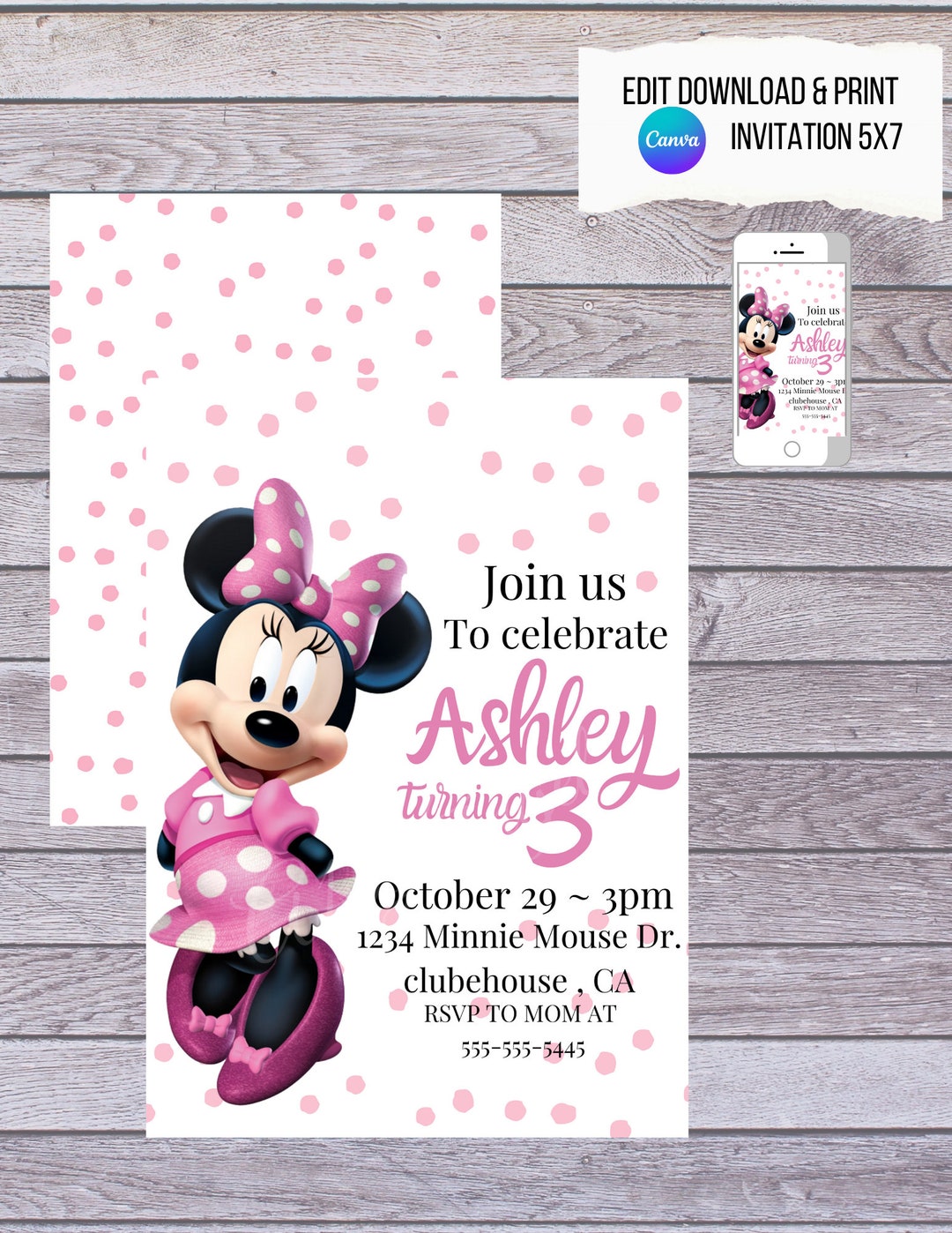Editable Minnie Mouse Birthday Invitation, Minnie Mouse Birthday, Etsy