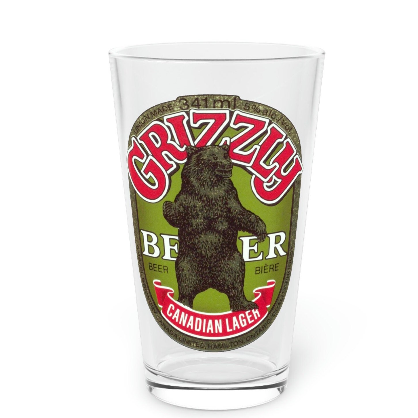 Grizzly Bear Beer Pint Glass, Union Made Canadian Lager, Hamilton 