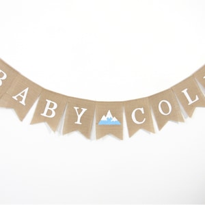 Custom Baby Name Banner, Mountain Baby Shower Decorations, Mountains Shower Banner, Baby Shower Burlap Banner, Personalized Baby Name Banner