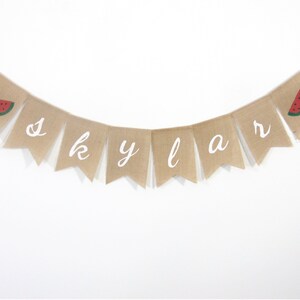 Estandarte de arpillera de nombre personalizado de sandía, estandarte de nombre personalizado, estandarte de bebé de sandía, guirnalda de arpillera personalizada, decoraciones de baby shower