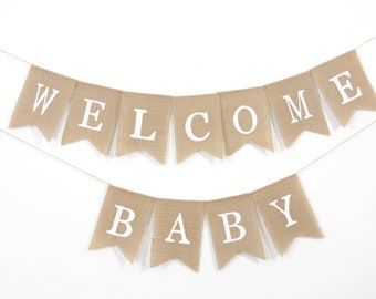 Banner de bienvenida para bebé, Banner de arpillera para bebé, Decoraciones para baby shower, Banner de arpillera para baby shower, Banner de bienvenida a casa para bebé