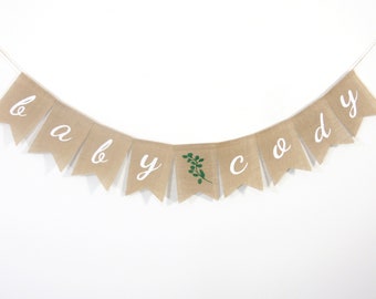 Custom Baby Name Banner, Eucalyptus Baby Shower, Eucalyptus Shower Banner, Baby Shower Burlap Banner, Personalized Baby Name Banner