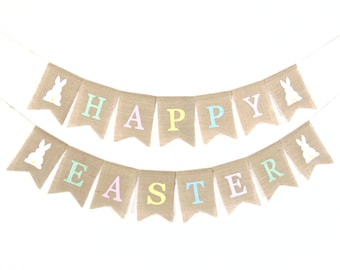 Happy Easter Banner, Easter Decor, Easter Bunting, Easter Garland, Easter Bunny Banner, Burlap Bunting, Easter Decorations, Happy Easter