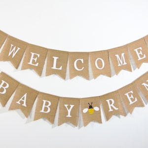 Banner de bienvenida para bebés, Banner de abeja bebé, decoraciones de baby shower, banner de arpillera de baby shower, banner de bebé de bienvenida personalizado personalizado