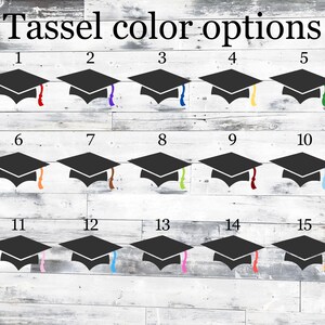 May include: A chart showing 15 different tassel colors for graduation caps. The tassel colors are numbered 1 through 15. The colors include purple, blue, yellow, red, green, brown, pink, light blue, and orange.